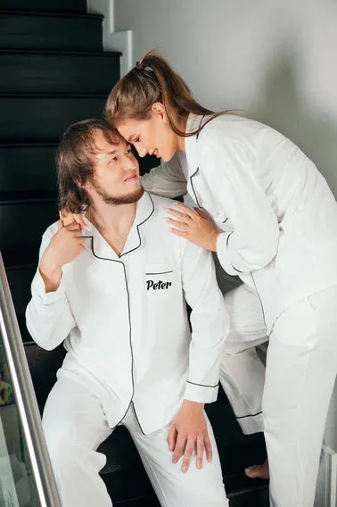 Cotton Pajamas for Groom and Bride Matching Personalized Pajamas - Vinyl / Script