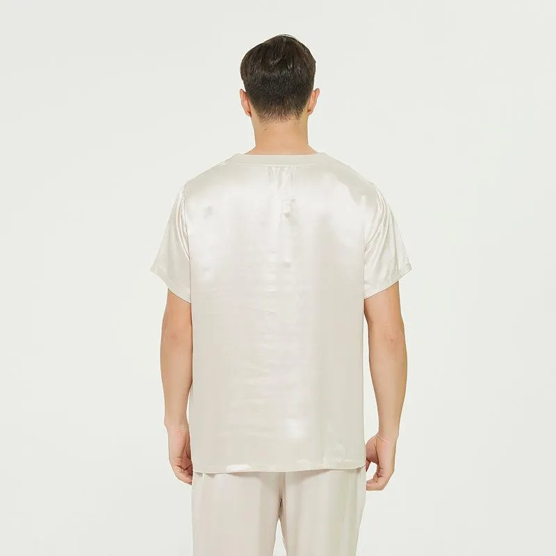 Short Sleeves Mens Silk Pajamas Set  22MM Mulberry Silk 2-piece V Neck Silk Sleepwear